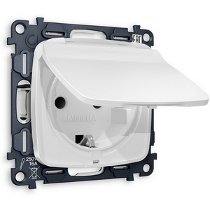 Изображение товара Комплект механизма встраиваемый Ambrella Volt электрической розетки OMEGA MO128010 Белый матовый с заземлением со шторками и защитной крышкой 2P+E 16A-250V IP44 QUANT