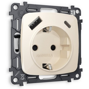 Изображение товара Комплект механизма встраиваемый Ambrella Volt электрической розетки OMEGA MO310010 Бежевый глянец 2USB A+C 20W быстрая зарядка с заземлением и шторками 2P+E 16A-250V QUANT