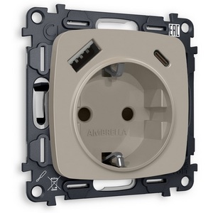 Изображение товара Комплект механизма встраиваемый Ambrella Volt электрической розетки OMEGA MO370010 Серо-бежевый матовый 2USB A+C 20W быстрая зарядка с заземлением со шторками 2P+E 16A-250 QUANT