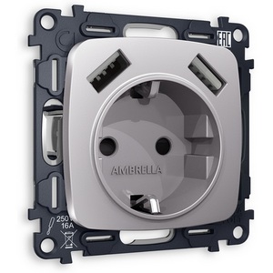 Изображение товара Комплект механизма встраиваемый Ambrella Volt электрической розетки OMEGA MO509010 Сталь матовый 2USB A+A 18W быстрая зарядка с заземлением и шторками 2P+E 16A-250V QUANT