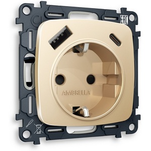 Изображение товара Комплект механизма встраиваемый Ambrella Volt электрической розетки OMEGA MO610010 Шампань 2USB A+C 20W быстрая зарядка с заземлением и шторками 2P+E 16A-250V QUANT
