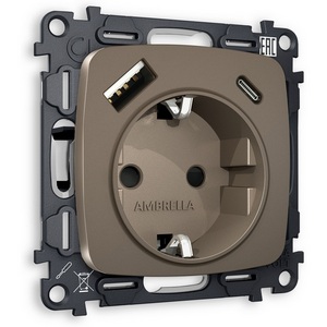 Изображение товара Комплект механизма встраиваемый Ambrella Volt электрической розетки OMEGA MO640010 Темная бронза матовый 2USB A+C20W быстрая зарядка с заземлением и шторками 2P+E 16A-250V QUANT