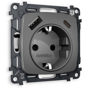 Изображение товара Комплект механизма встраиваемый Ambrella Volt электрической розетки OMEGA MO660010 Антрацит серый 2USB A+C 20W быстрая зарядка с заземлением и шторками 2P+E 16A-250V QUANT