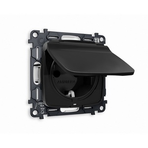 Изображение товара Комплект механизма встраиваемый Ambrella Volt электрической розетки OMEGA MO808010 Черный матовый с заземлением с шторками и защитной крышкой 2P+E 16A-250V IP44 QUANT