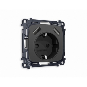 Изображение товара Комплект механизма встраиваемый Ambrella Volt электрической розетки OMEGA MO909010 Графит мягкое касание 2USB A+A 18W быстрая зарядка с заземлением и шторками 2P+E 16A-250 QUANT
