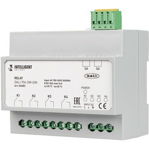 Изображение товара INTELLIGENT Релейный модуль DALI-704-SW-DIN (BUS, 4х16A) (IARL, IP20 Пластик, 3 года) 033051