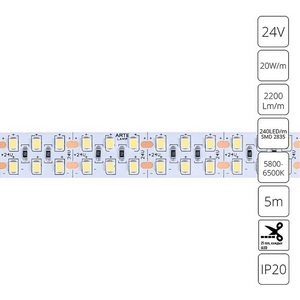 Изображение товара Светодиодная лента 2835 24V 20W/m 6000К 5м Arte Lamp Tape A2424015-03-6K