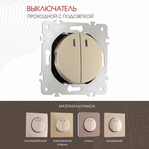 Изображение товара Выключатель встраиваемый двухклавишный проходной с подсветкой Arte Milano am-202 202.33-2.shampan