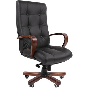 Изображение товара Офисное кресло черное с деревянной крестовиной Chairman 424WD нат.кожа/экокожа черная (мультиблок)