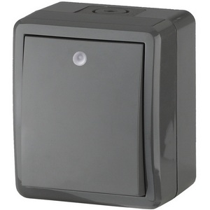 Изображение товара Выключатель накладной одноклавишный с подсветкой (серый) IP54 ЭРА 11-1402-03