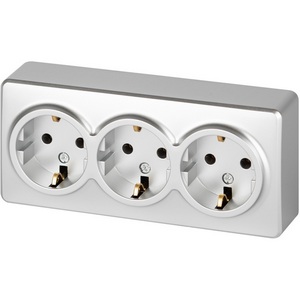 Изображение товара Розетка накладная тройная с заземлением и шторками (алюминий) ЭРА 11-2208-03
