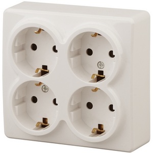 Изображение товара Розетка накладная четверная с заземлением и шторками (слоновая кость) ЭРА 11-2211-02