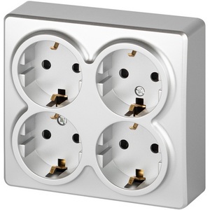 Изображение товара Розетка накладная четверная с заземлением и шторками (алюминий) ЭРА 11-2211-03