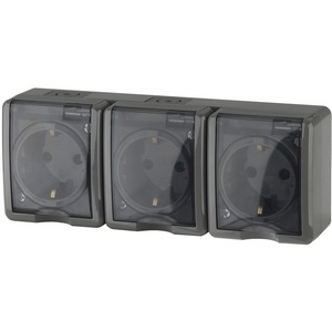 Изображение товара Розетка накладная тройная с заземлением, шторками и крышкой (серый) IP54 ЭРА 11-2406-03