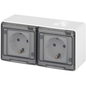 Изображение товара Розетка накладная двойная с заземлением, шторками и крышкой (белый) IP55 ЭРА 11-2504-01
