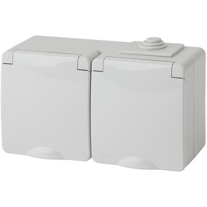 Изображение товара Розетка накладная двойная с заземлением и крышкой (серый) IP65 ЭРА 11-2603-03