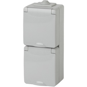 Изображение товара Розетка накладная двойная с заземлением, шторками и крышкой (серый) IP65 ЭРА 11-2608-03