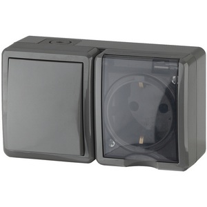 Изображение товара Розетка накладная с заземлением и крышкой с одноклавишным выключателем (серый) IP54 ЭРА 11-7401-03