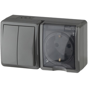 Изображение товара Розетка накладная с заземлением и крышкой с двухклавишным выключателем (серый) IP54 ЭРА 11-7402-03