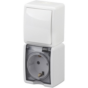 Изображение товара Розетка накладная с заземлением и крышкой с одноклавишным выключателем (белый) IP54 ЭРА 11-7407-01