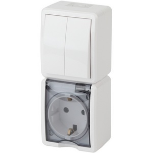 Изображение товара Розетка накладная с заземлением и крышкой с двухклавишным выключателем (белый) IP54 ЭРА 11-7408-01