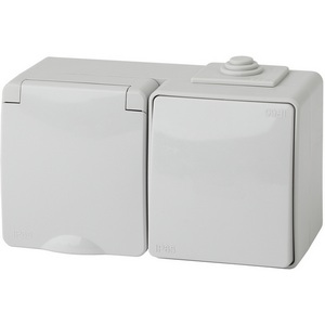 Изображение товара Розетка накладная с заземлением и крышкой с одноклавишным выключателем (серый) IP65 ЭРА 11-7601-03