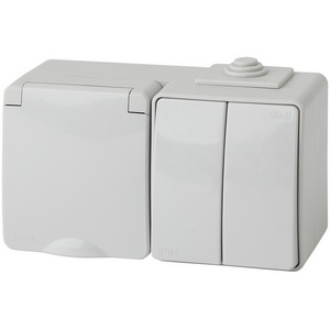 Изображение товара Розетка накладная с заземлением и крышкой с двухклавишным выключателем (серый) IP65 ЭРА 11-7602-03