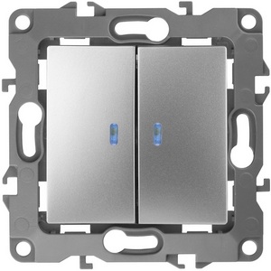 Изображение товара Выключатель встраиваемый двухклавишный с подсветкой (алюминий) ЭРА 12-1105-03