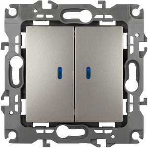 Изображение товара Выключатель встраиваемый двухклавишный с подсветкой (титан) ЭРА 12-1105-16