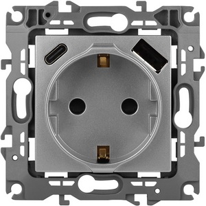 Изображение товара Розетка встраиваемая с заземлением, шторками и USB Type A+С (алюминий) ЭРА 12-4108-03