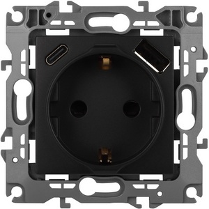 Изображение товара Розетка встраиваемая с заземлением, шторками и USB Type A+С (антрацит) ЭРА 12-4108-05