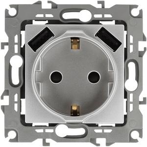 Изображение товара Розетка встраиваемая с заземлением, шторками и USBх2 (алюминий) ЭРА 12-4109-03