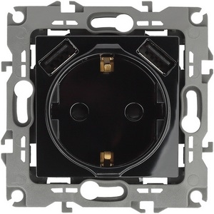 Изображение товара Розетка встраиваемая с заземлением, шторками и USBх2 (черный) ЭРА 12-4109-06