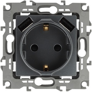 Изображение товара Розетка встраиваемая с заземлением, шторками и USBх2 (графит) ЭРА 12-4109-12