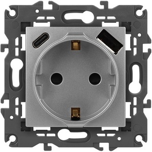 Изображение товара Розетка встраиваемая с заземлением, шторками и USB Type A+С (алюминий) ЭРА 14-4108-03
