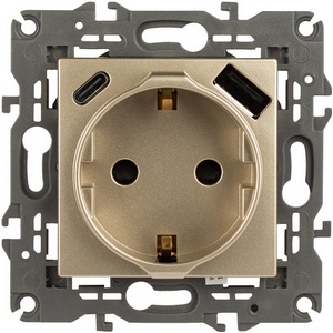 Изображение товара Розетка встраиваемая с заземлением, шторками и USB Type A+С (шампань) ЭРА 14-4108-04