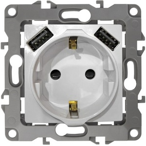 Изображение товара Розетка встраиваемая с заземлением, шторками и USBх2 (белый) ЭРА 14-4109-01