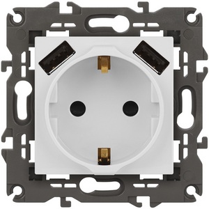Изображение товара Розетка встраиваемая с заземлением и USBх2 (белый матовый) ЭРА 14-4109-01М