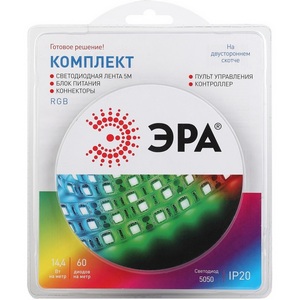 Изображение товара Комплект светодиодной ленты 12V 5м с пультом RGB ЭРА 5050kit-14,4-60-12-IP20-RGB-5m