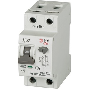 Изображение товара Автоматический выключатель дифференциального тока 1P+N C32 30мА 6кА тип АС ЭРА D326E2C32АC30P
