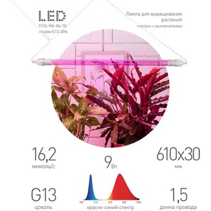 Изображение товара Светильник для растений светодиодный ЭРА FITO-9W-Rb-Т8+holderG13