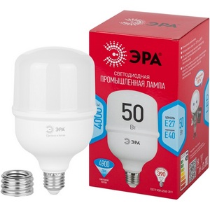 Изображение товара Лампочка светодиодная E27 с переходником на E40 50W ЭРА LED POWER T100-50W-4000-E27 с переходником на E40/E40 R