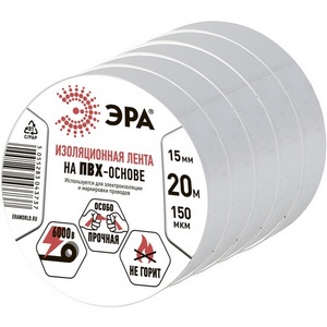 Изображение товара Изолента ПВХ белая 15мм х 20м 5 шт. ЭРА SET5-1520W SET5-1520W