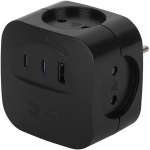 Изображение товара Разветвитель на 4 гнезда без заземления со шторками с 3xUSB Type A+С (черный) ЭРА SP-4-3USBAC-B