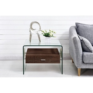 Изображение товара Стол журнальный с полкой с ящиком F-GW608 прозрачный/коричневый ESF F-GW608-clear/brown (прямоугольная столешница, I I-образная опора)