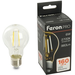 Изображение товара Лампа светодиодная филамент A60 шар 6W 175-265V E27 2700К Feron LB-1106 48889