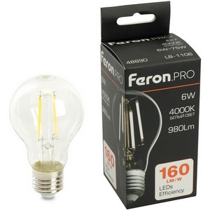 Изображение товара Лампа светодиодная филамент A60 шар 6W 175-265V E27 4000К Feron LB-1106 48890