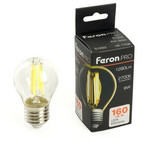 Изображение товара Лампа светодиодная филамент G45 шар 8W 175-265V E27 2700К Feron LB-1708 51253
