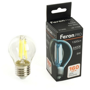 Изображение товара Лампа светодиодная филамент G45 шар 8W 175-265V E27 6400К Feron LB-1708 51255