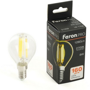Изображение товара Лампа светодиодная филамент G45 шар 8W 175-265V E14 2700К Feron LB-1708 51259